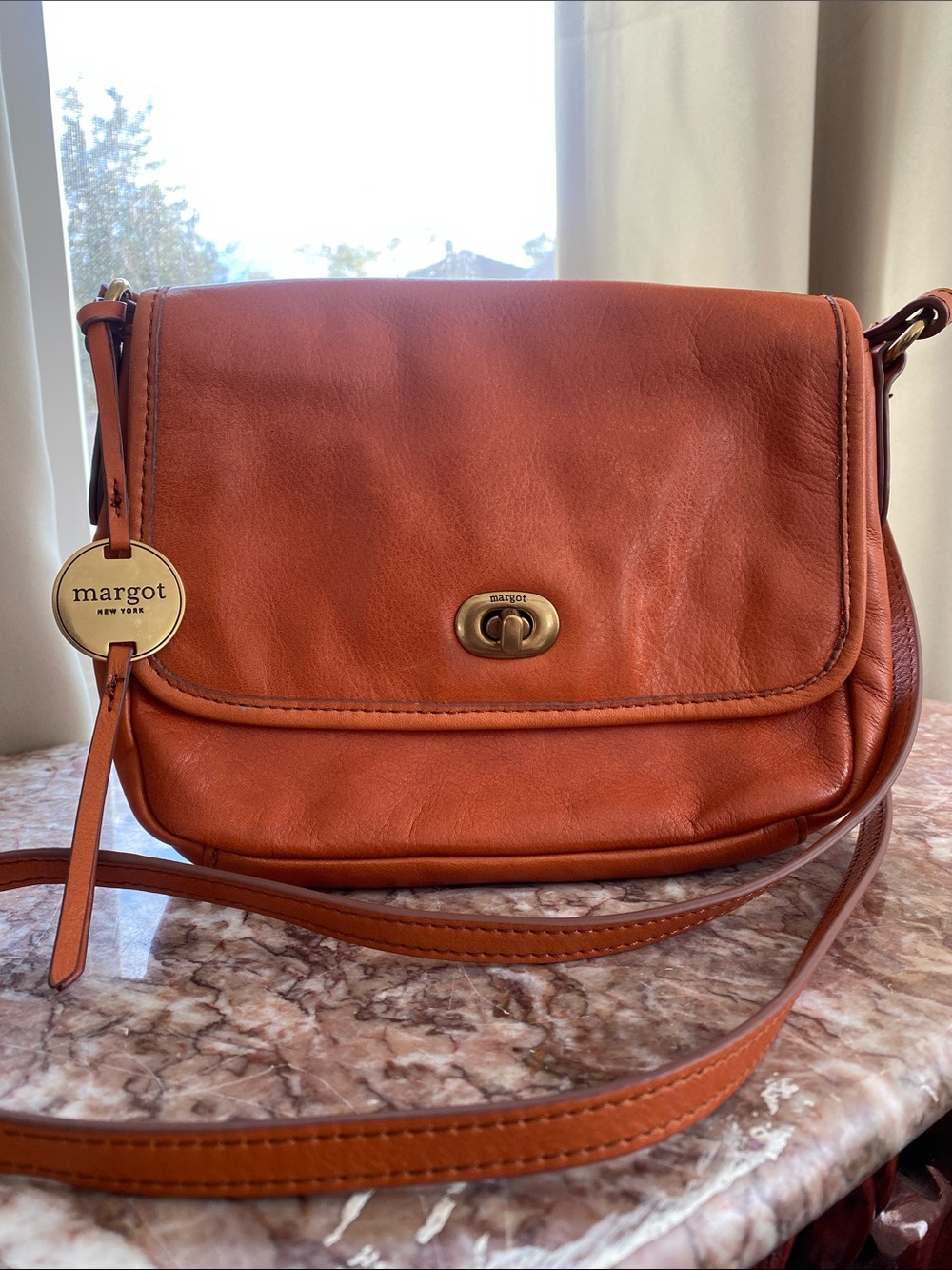 Margot Orange Leather Turn-Lock Crossbody Bag